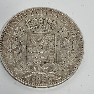 1875 BELGIUM Antique Silver 5 Francs Coin of King LEOPOLD II Roi Des Belges