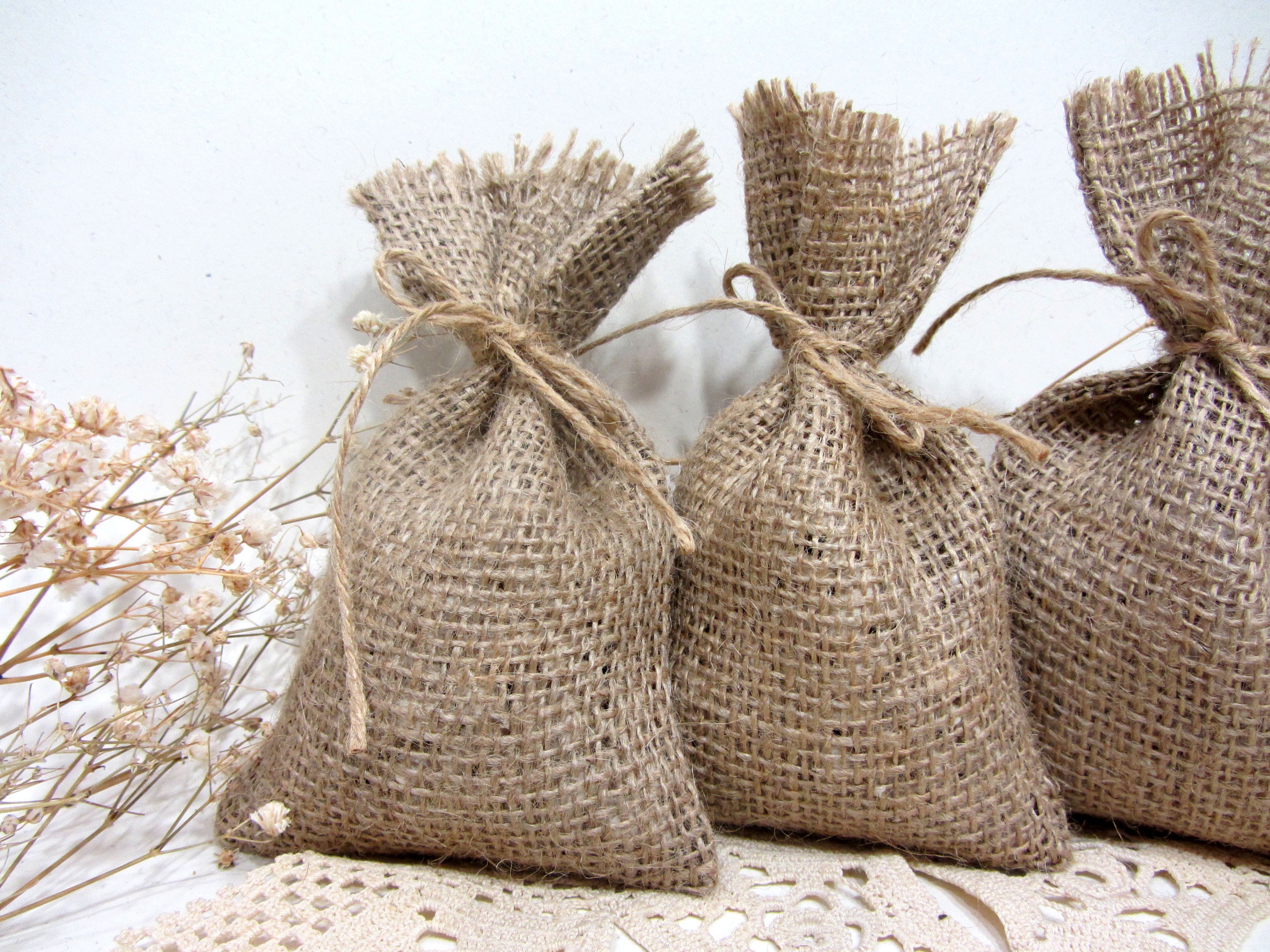 Peach Champagne Hessian Favour Bags Ivory Wedding Personalised Shabby Chic 1-100 