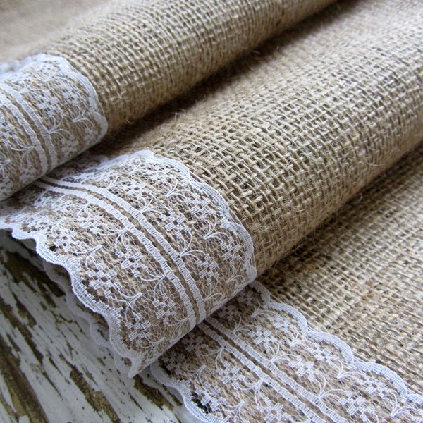 SET of 3 Burlap Table Runners - 12" x 48" Vintage Wedding Table Runner with Lace, Rustic Table Decor Burlap Wedding Country Table Decor
