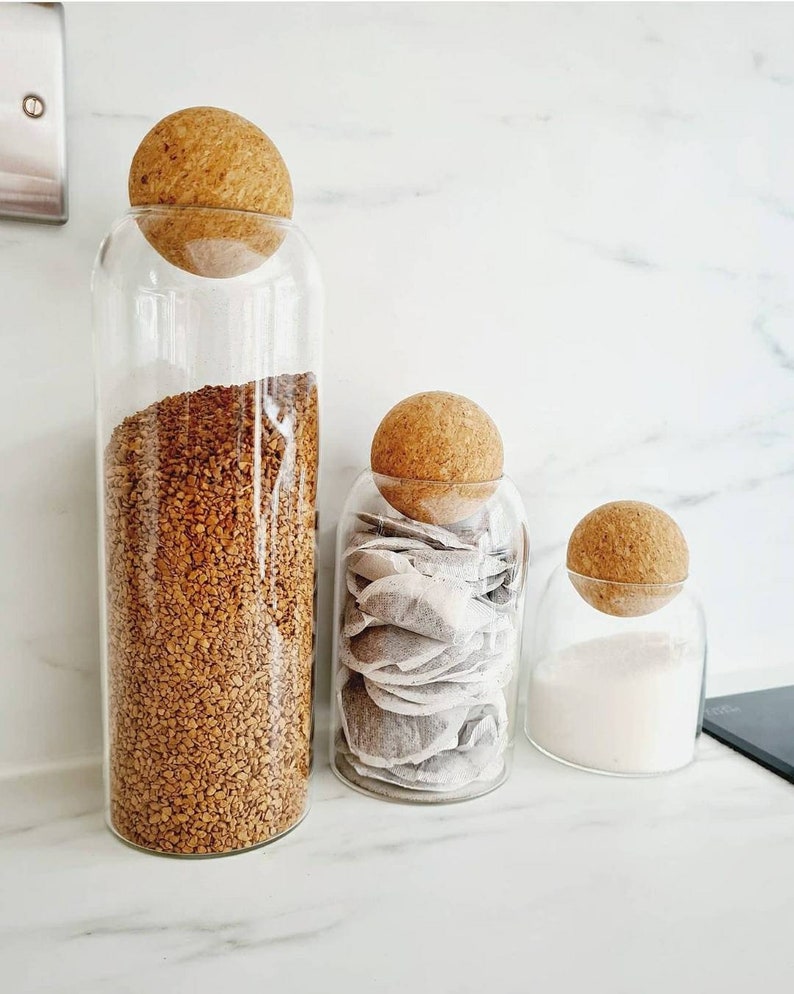 Glass jar with cork ball lid stopper kitchen storage Etsy