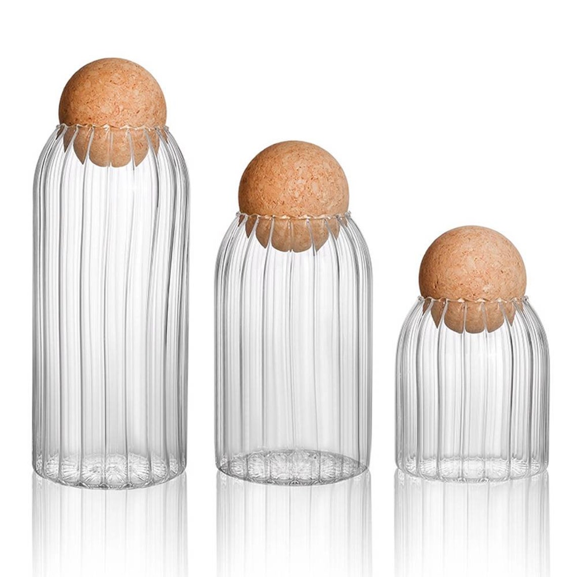 Ribbed Glass Jar With Cork Ball Lid Stopper Kitchen Storage Etsy UK