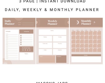 Neutral Daily Weekly & Monthly Planner | Daily Planner | Organise | Desktop | Instant Digital Download | Planner Sets | Printable Planner