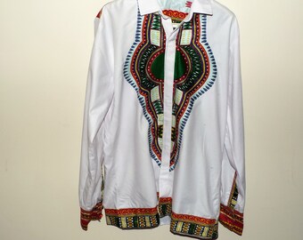 White African Dashiki Print Mens Longsleeve Shirt (Chest Size 30)
