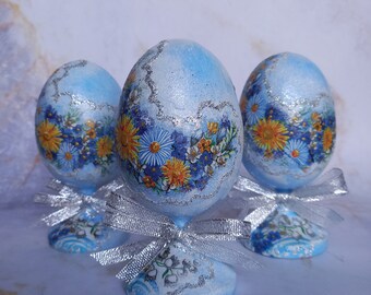 Juego de huevos de Pascua de madera hechos a mano: decoración rústica de primavera