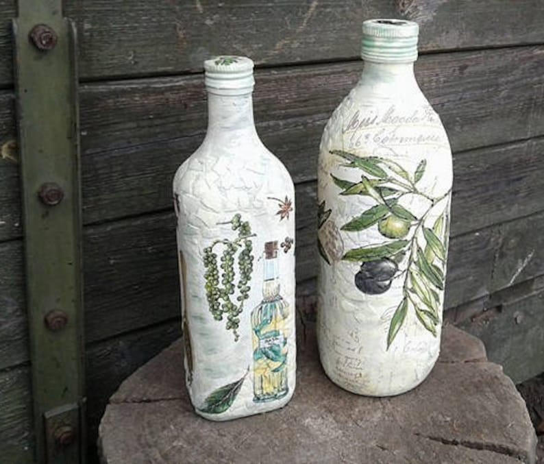 French Country Decor Olive Oil Bottle Decoupage Dispenser Oil Etsy