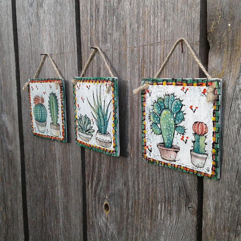 Rustic Cactus Sign Cactus Wood Sign Set: Boho Rustic Wall Art Decor (10cm) - Etsy