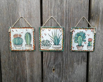 Set Boho room decor Cactus plant Primitive decorations sign Succulent gift for women Wedding party favors Rustic decoration western wall art