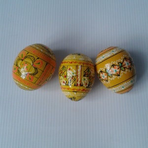 3 set Pysanka egg ornaments Wooden Easter Eggs yellow Ukrainian souvenir Decorative eggs ornaments Folk decor Ukraine gift for grandmother