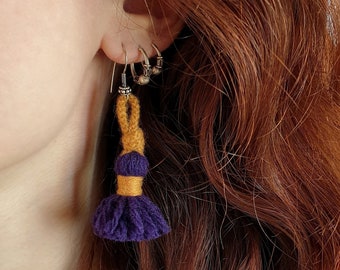 Earrings with trimmings in mixed wool and silver, handmade costume jewelry in France