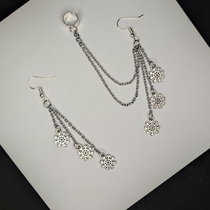 Schneeflocke Weihnachten Manschette Ohrringe mit Kette | Kette Manschette Ohrringe Winter Schneeflocke Silber Ketten Alternative Ohrringe.