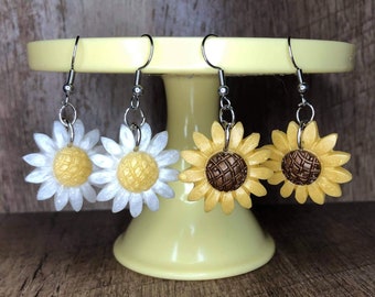 Resin Daisy Earrings | Handmade Yellow or White Daisy Dangle Earrings