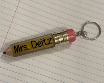 Teacher Pencil Keychain with Name | Personalized Keyring Teacher Appreciation Gift Mini Acrylic Yellow Pencil Pink Eraser