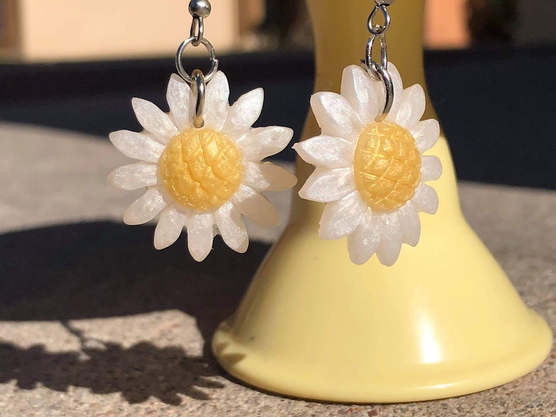 Resin Daisy Earrings Handmade Yellow or White Daisy Dangle Earrings