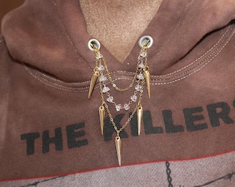 Gold Layered Hoodie Kette | Hoodie Schmuck mit Kristallperlen & Spike Charms | Streetwear Hoodie Accessoire | Gothic Mode