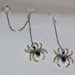 Spider Cuff Earrings With Chain | Chain Cuff Earrings. Halloween Creepy Spider Dangle Spider Web Cobweb Jewelry