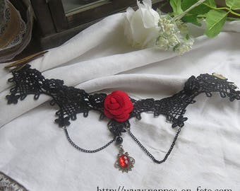 3 models of elegant gothic necklaces with red rose and pearls or red medallions and lace, gift for her