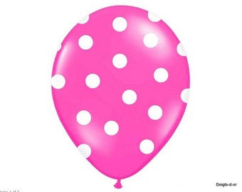 5 White polka dot balloons for party deco, pink, blue, green, red