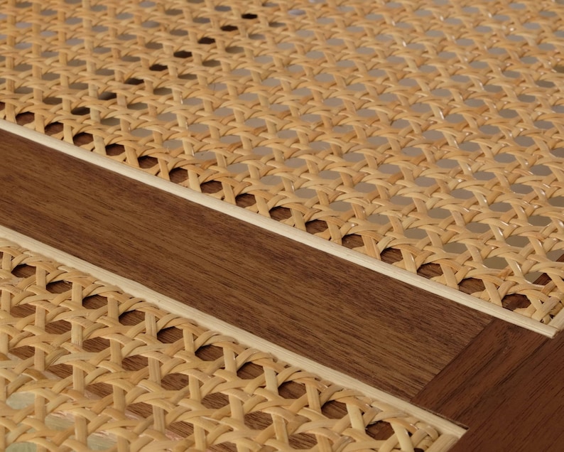 May include: A section of furniture featuring a light tan woven cane mesh pattern integrated into a dark brown wooden frame. The material displays a repeating octagonal weave structure with a smooth, polished wood border and light-colored trim.