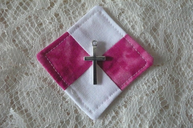 Mini Pocket Prayer Quilt Family with cross charm inside 2 inches square Co-workers Friends