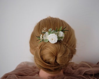 Rosa stabilizzata con pettine verde / Parrucchino con foglie di eucalipto / Fermaglio per capelli da sposa / Accessorio per capelli ortensie stabilizzate