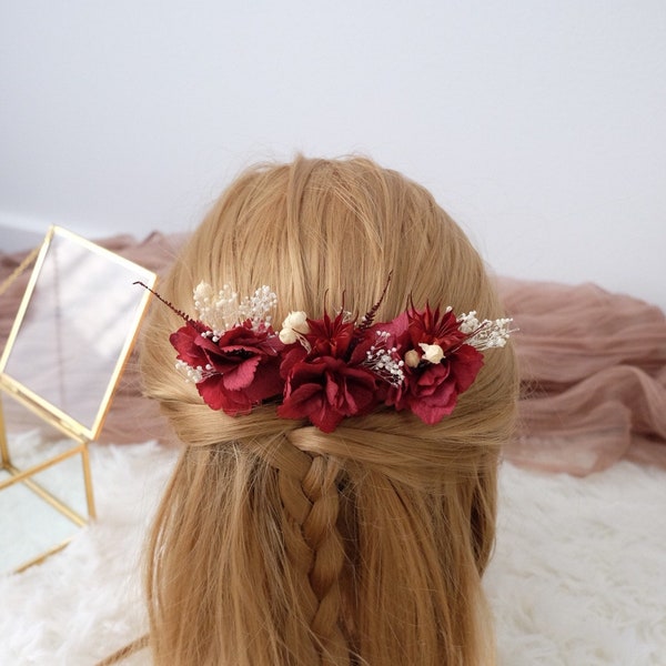 Dark Red Floral Hairpins | Bridal Hairpins | Asian Bridal Hairpiece | Dried Floral Hairpins | Preserved Hydrangeas Hairpin