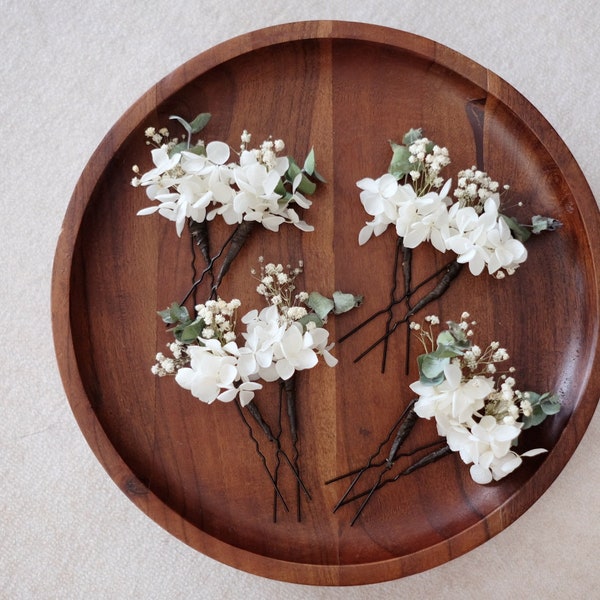 White with Greenery Flower Hair Pins | Preserved and Dried Flowers Hairpiece | Wedding, Bride, Bridesmaids Hair | Wedding Hair Accessories