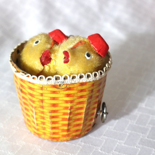 Vintage wind-up chicks in a basket wearing red pillbox hats!  Perfect for Easter decorating; 1950s; Made in Japan; SO CUTE! Not working