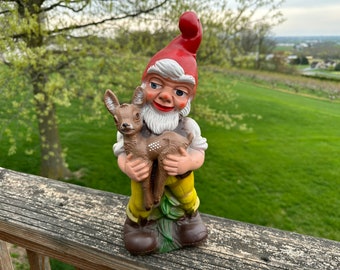 1976 West German ZEHO garden gnome holding a deer/fawn; AMAZING condition; bright colors!  Vinyl; 13 1/2" tall