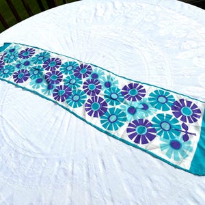 May include: A rectangular, floral-patterned table runner. The runner features a white background with a repeating pattern of teal and purple flowers. The edges are trimmed with a solid teal border. The runner is approximately 60 inches long.