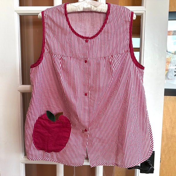 Adorable Smock / Apron with fun stripes and APPLE POCKET!  4 snap closures; 2 side slits; 1950 or 1960s? Approximately 27" long