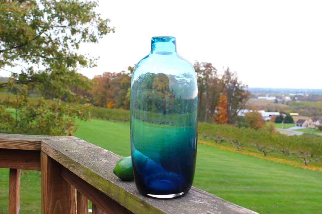 Beautiful Hand Blown Blue Glass Bottle/vase 12 1/2 Tall Unmarked Ombre