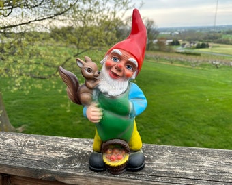 1978 West German ZEHO garden gnome holding a squirrel with basket of apples; AMAZING condition; bright colors!  Vinyl; 14" tall