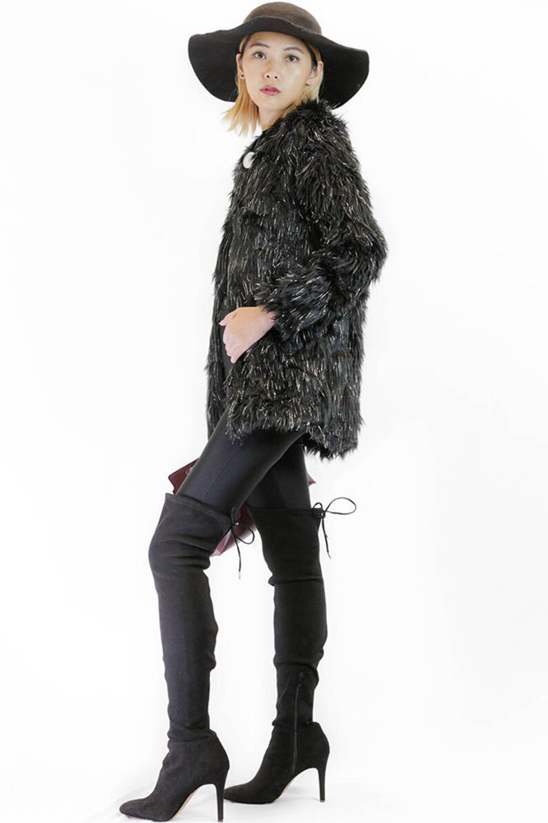 Black Shaggy Faux Fur Coatblack Tinsel Glitter Faux Fur Coat Etsy