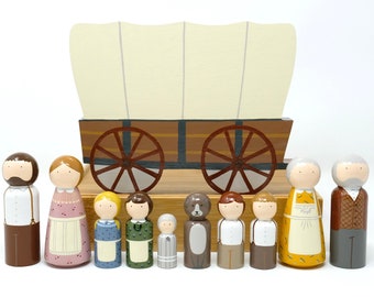 Pioneer / Homesteader Family Peg Doll Set and Covered Wagon Backdrop - Custom Skin Tones (*Made to Order*)