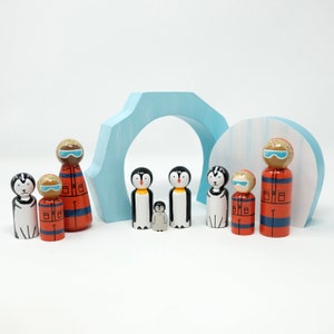 Antarctic / Polar Explorers Peg Dolls and Penguin, Husky, Ice Cave (*Made to Order*)