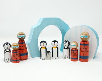 Antarctic / Polar Explorers Peg Dolls and Penguin, Husky, Ice Cave (*Made to Order*)