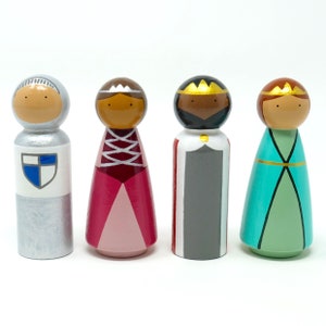 Medieval Royal Court / King, Queen, Princess & Knight Peg Doll Set (Custom Skin Tones) (*Made To Order*)