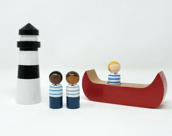 Lighthouse, Boat, and Nautical Children Peg Dolls (*Made to Order*)