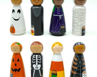 Halloween Trick-or-Treater Peg Dolls with Custom Skin Tones (*Made to Order*)