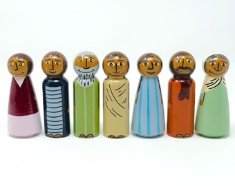 Set of Jesus and 6 Bible Character Peg Dolls - Detailed Design (*Made To Order*)
