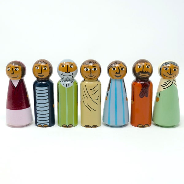 Set of Jesus and 6 Bible Character Peg Dolls - Detailed Design (*Made To Order*)