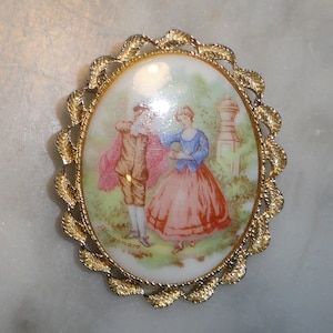 Beautiful Vintage Victorian Style Gold Tone and Ceramic or Porcelain Brooch Inspired by Fragonard French Artist Courting Couple SHIPS FREE