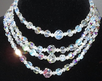 Hermoso Vintage 4 Strand Aurora Borealis Crystal Graduado Collar Nupcial Boda Diosa Vieja Hollywood Glam Gargantilla SHIPS GRATIS