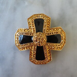 Vintage Maltese Brooch and Pendant in Gold Tone and Black Enamel SHIPS FREE Retro Old Hollywood Glam