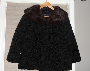 Vintage Black Persian Curly Faux Lamb Jacket Double Breasted with Genuine Mink Collar Retro Glam Bridal Wedding Formal Coat Fur