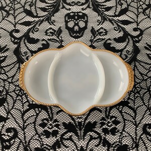 Vintage Anchor Hocking Fire King White Glass Relish Trinket Divided Dish Gold Trim Bead Edge Retro Decor MCM