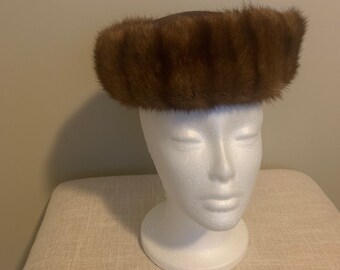 50s Vintage Brown Mink Fur Pillbox Hat Mid-century Satin  display picture 1