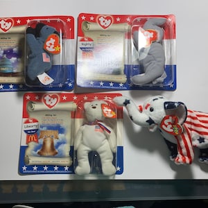 Lot of 4 Vintage Beanie and Teenie Beanie Babies 2000 Political Righty Lefty Libearty McDonald’s Retro Happy Meal Toys