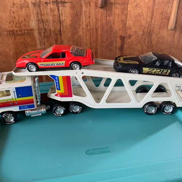 Vintage Nylint Toy Metal Car Hauler with Retro Strombecker Vehicles Trans Am and Camaro