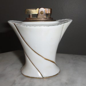 Vintage White Porcelain Table Lighter Japan Gold Accents